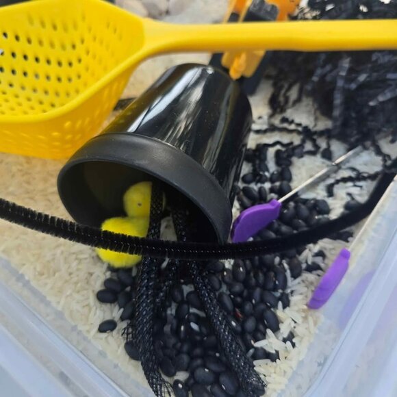Construction Sensory Bin w/ Yellow Scoop Truck Rice Beans & Accessories for Lear - Picture 4 of 5